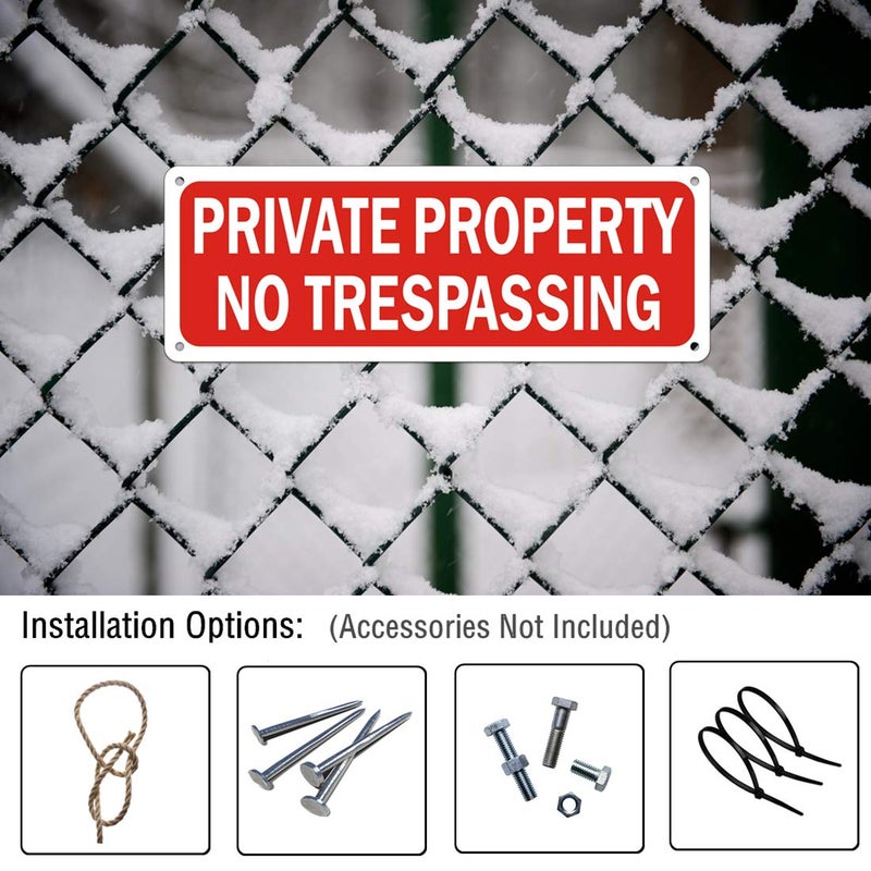 MongFun No Trespassing Signs Private Property Security Warning Metal Yard Sign Reflective Red Aluminum for Garden Outdoor Indoor Gates Weatherproof Rust Free Easy Installation (2 Pack 10 x 3.5 inches) - Image 3
